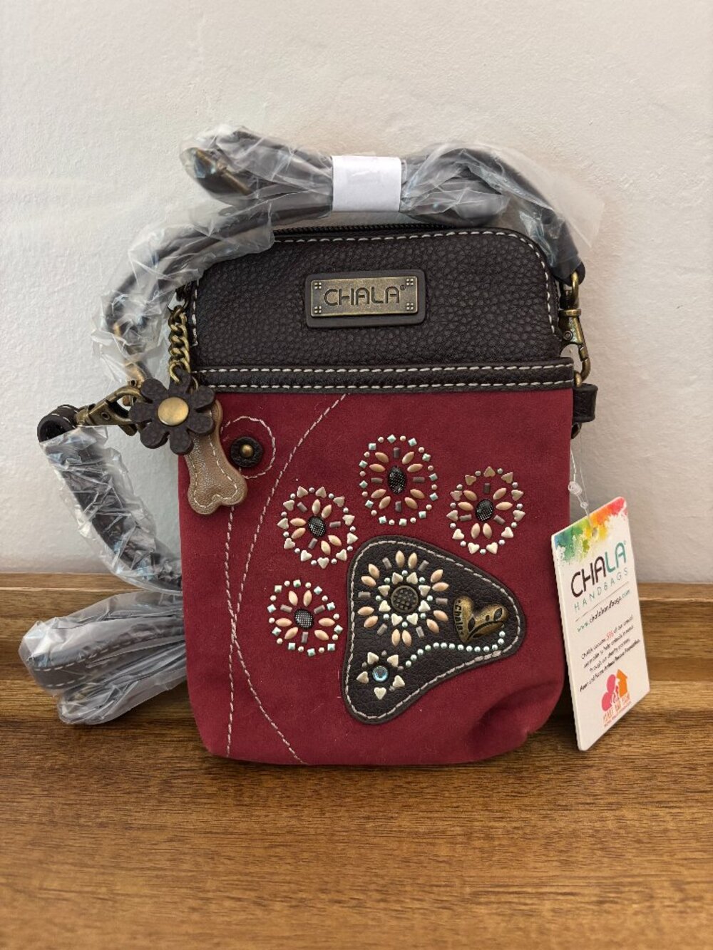 Chala Dazzled Dog Paw Burgundy Brown Vegan Convertible Crossbody New